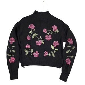 ALYA Girls Turtleneck Sweater Black Floral Embroidery Size‎ Small
